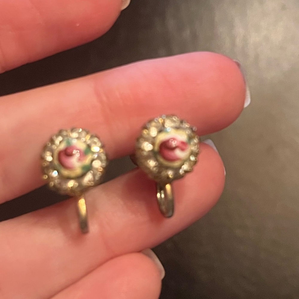 Vintage Guilloche Enamel Pink Rose Earrings with Rhinestones Screwbacks